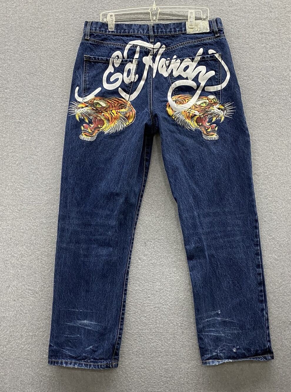 Ed Hardy Denim Jeans Men’s 36x32 Tiger Graphic Y2K Tattoo Dark Wash Straight Leg